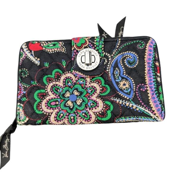 Vera Bradley Turn Lock Wallet Womens Black Paisley Floral Quilted Zip Around ID - Picture 1 of 8